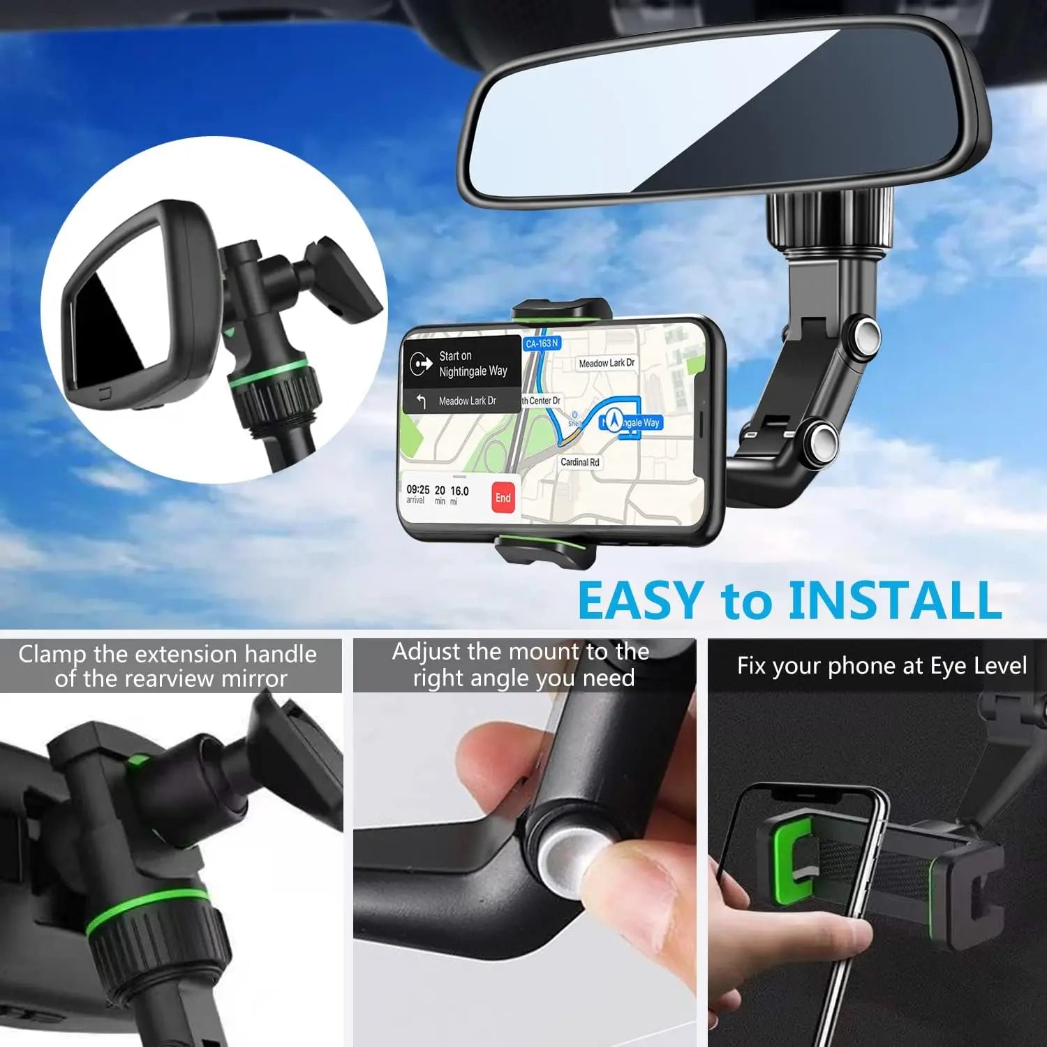 Support téléphone rétroviseur intérieur – Rotatif 360°, rétractable, multifonction