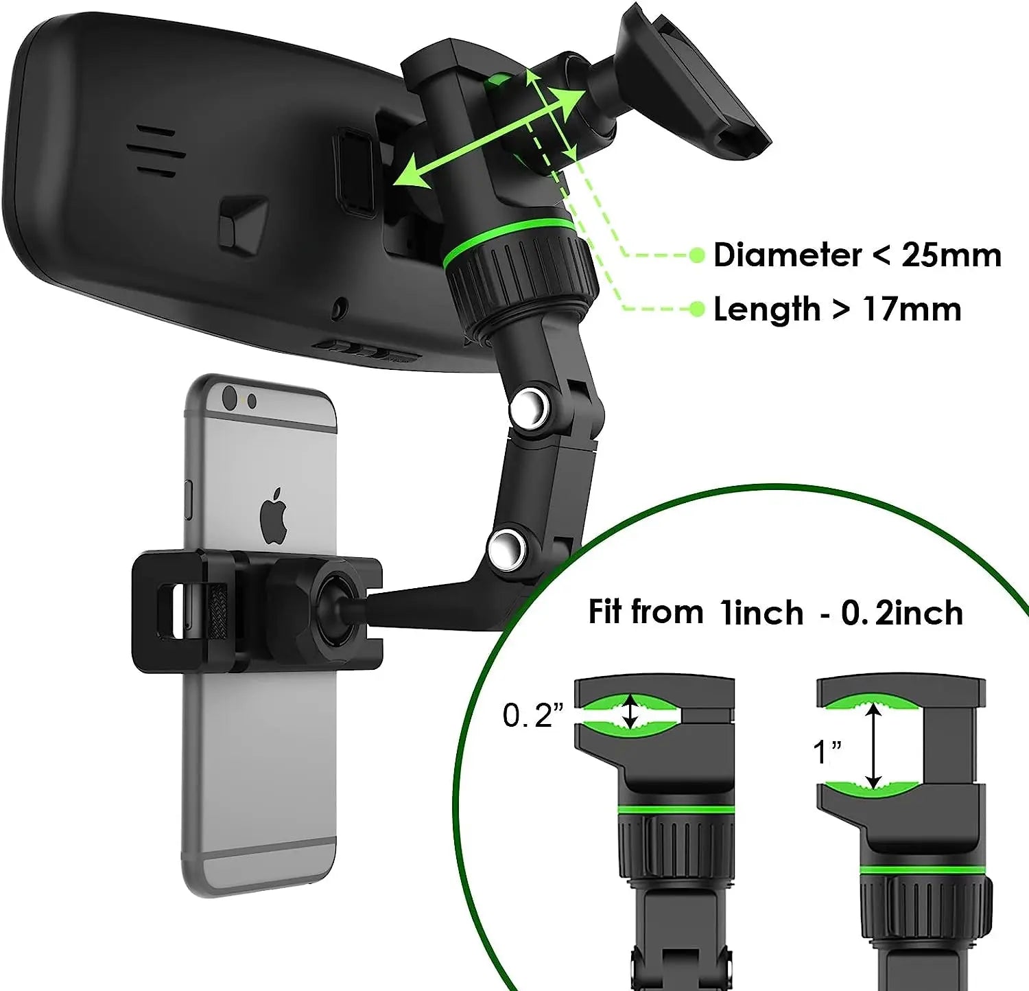 Support téléphone rétroviseur intérieur – Rotatif 360°, rétractable, multifonction