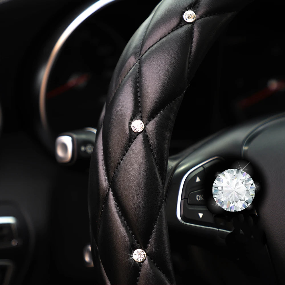 Housse de volant en cuir souple brodée – Motif diamant stéréo avec anneau intérieur