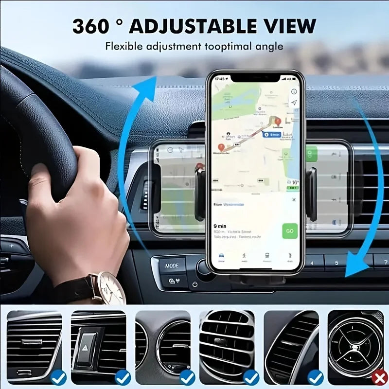 Support téléphone voiture – Pince grille d'aération, universel, rotation 360°